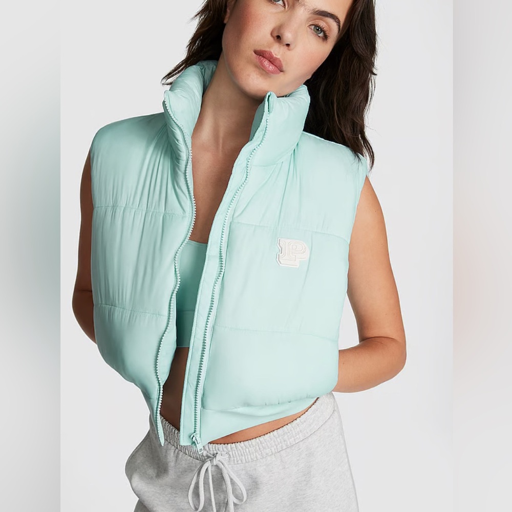 NEW Victoria's Secret Logo Crop Cropped PufferVest Light Opal Blue XS  Puffer